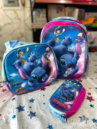 Stitch high quality bag with pencil case and lunch bag for kgs 